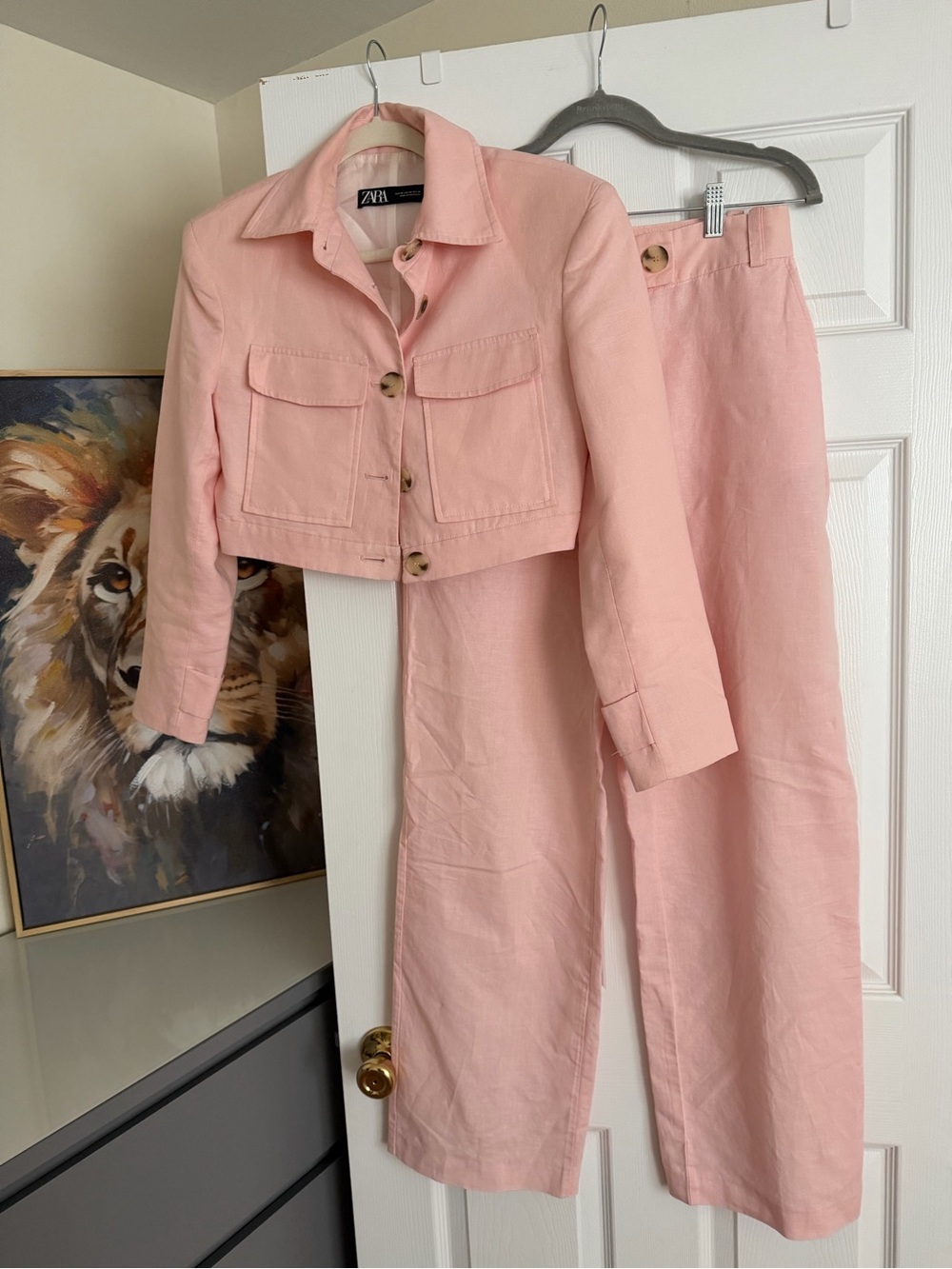 Zara Pink Linen-Cotton Cropped Jacket XS & Wide-Leg Pants S